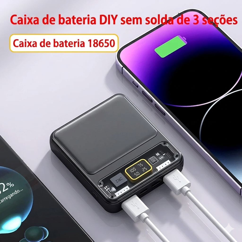 Case DIY Power Bank 4 em 1 – Type-C, Micro USB e lanterna integrada. Para carregar celulares com baterias 18650.