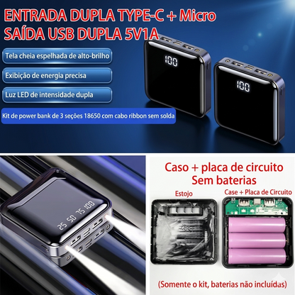 Case DIY Power Bank 4 em 1 – Type-C, Micro USB e lanterna integrada. Para carregar celulares com baterias 18650.