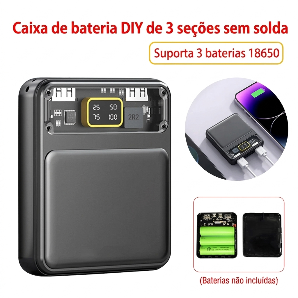 Case DIY Power Bank 4 em 1 – Type-C, Micro USB e lanterna integrada. Para carregar celulares com baterias 18650.