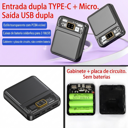 Case DIY Power Bank 4 em 1 – Type-C, Micro USB e lanterna integrada. Para carregar celulares com baterias 18650.