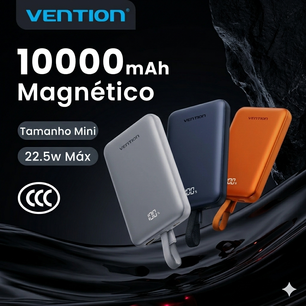 Vention CCC 10000mAh – Carregamento magnético sem fio 15W e rápido 22.5W.