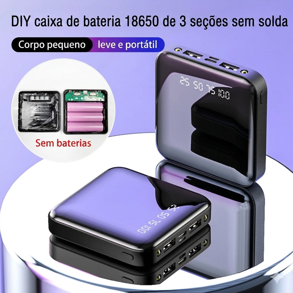 Case DIY Power Bank 4 em 1 – Type-C, Micro USB e lanterna integrada. Para carregar celulares com baterias 18650.
