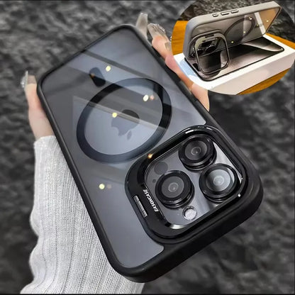 Capa Magnética Luxo – MagSafe, suporte integrado e proteção de lente. Compatível com iPhone 11 ao 17 Pro Max.
