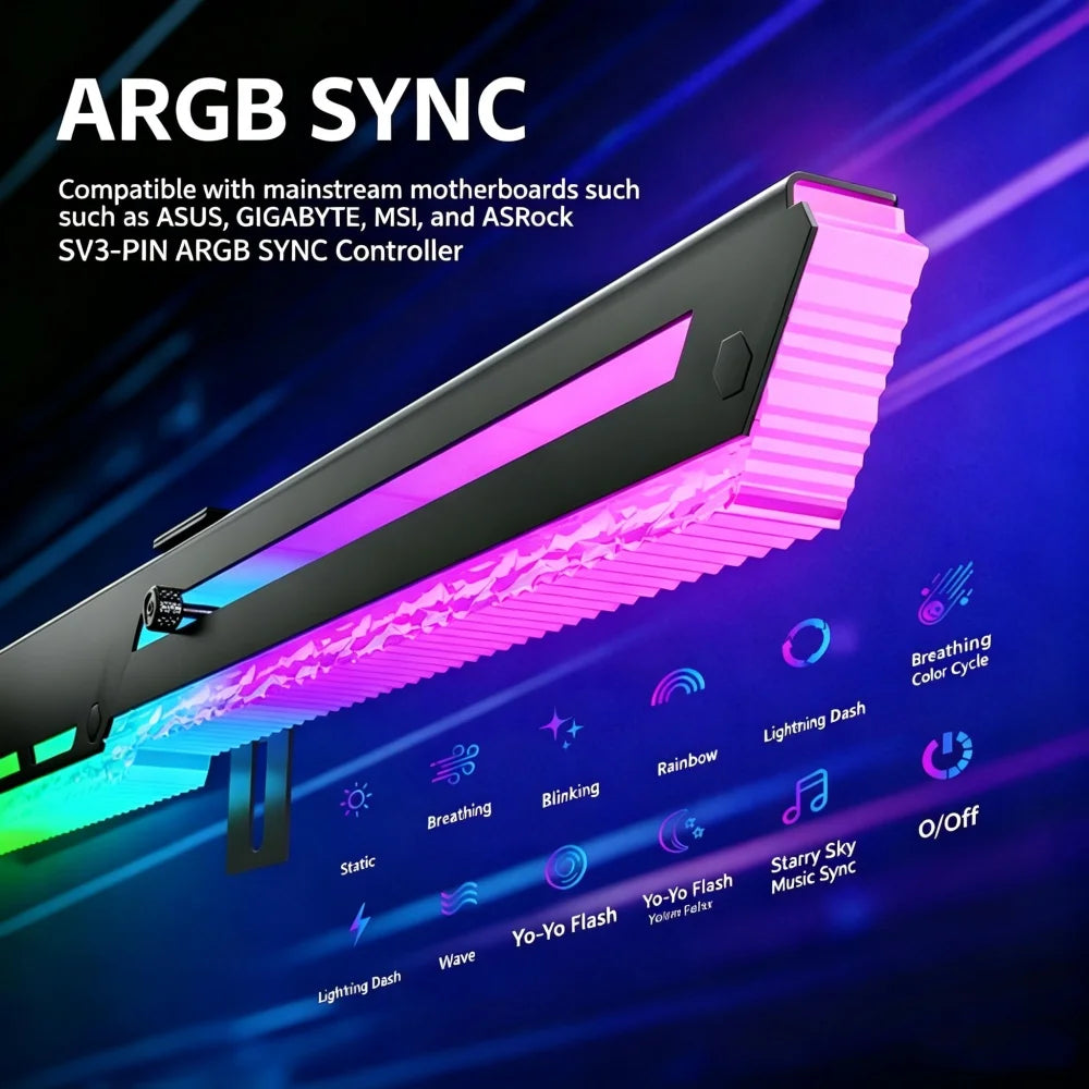 Suporte GPU ICE Whale AX8 – ARGB 5V 3PIN com sincronização de iluminação à placa-mãe. Suporte VGA estiloso para o seu setup.