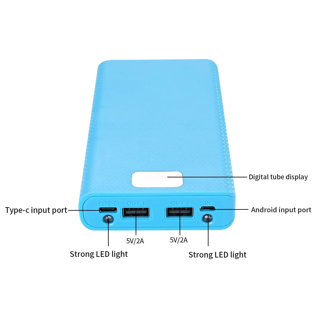 Case DIY Power Bank 8x18650 – Dual USB e Type-C, suporte para baterias 18650. Compatível com iPhone, Xiaomi e Huawei.