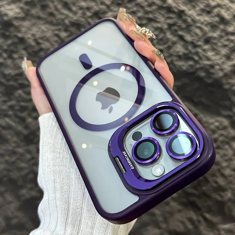 Capa Magnética Luxo – MagSafe, suporte integrado e proteção de lente. Compatível com iPhone 11 ao 17 Pro Max.