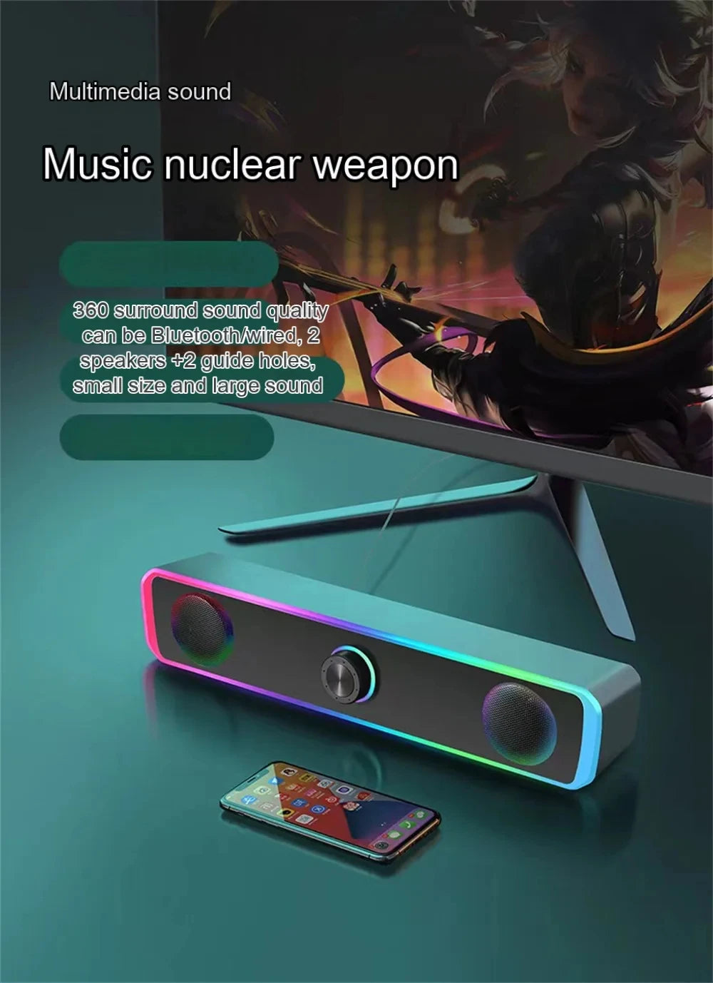 Soundbar 4D Bluetooth – Surround estéreo, subwoofer e entrada AUX 3.5mm. Para PC, laptop e TV.