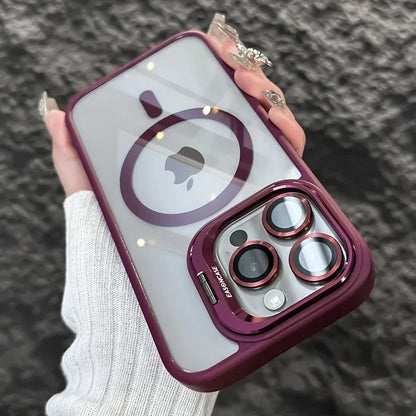 Capa Magnética Luxo – MagSafe, suporte integrado e proteção de lente. Compatível com iPhone 11 ao 17 Pro Max.