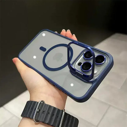 Capa Magnética Luxo – MagSafe, suporte integrado e proteção de lente. Compatível com iPhone 11 ao 17 Pro Max.
