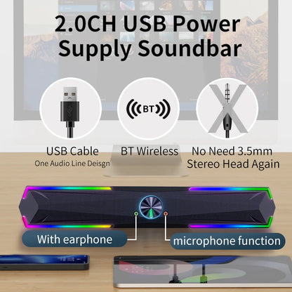 Soundbar 4D 2.0 – Estéreo com subwoofer, Bluetooth e conexão com fio. Ideal para PC, laptop e MacBook.