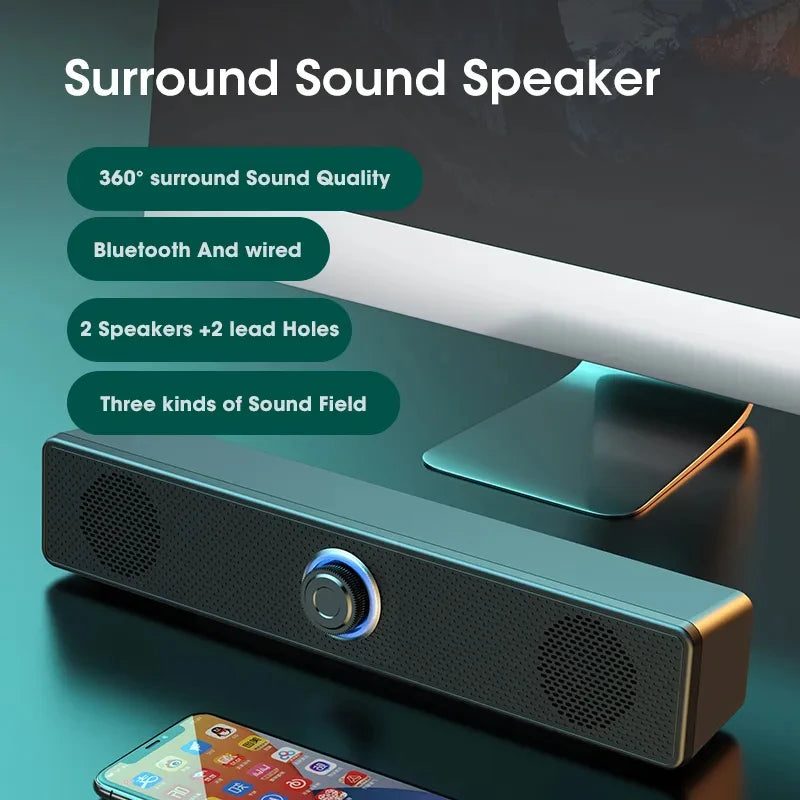 Soundbar 4D Bluetooth – Surround estéreo, subwoofer e entrada AUX 3.5mm. Para PC, laptop e TV.