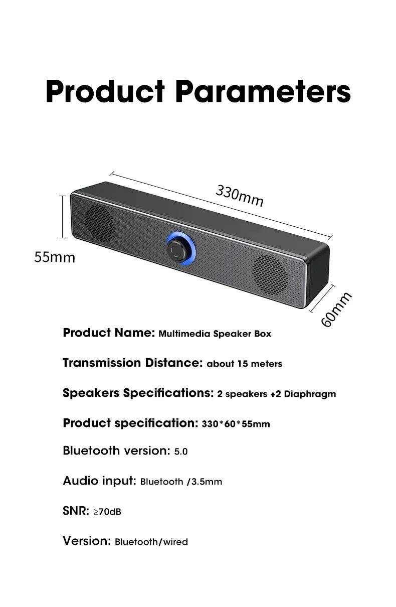 Soundbar 4D Bluetooth – Surround estéreo, subwoofer e entrada AUX 3.5mm. Para PC, laptop e TV.