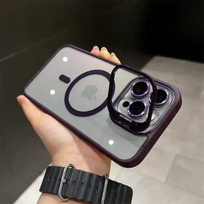 Capa Magnética Luxo – MagSafe, suporte integrado e proteção de lente. Compatível com iPhone 11 ao 17 Pro Max.