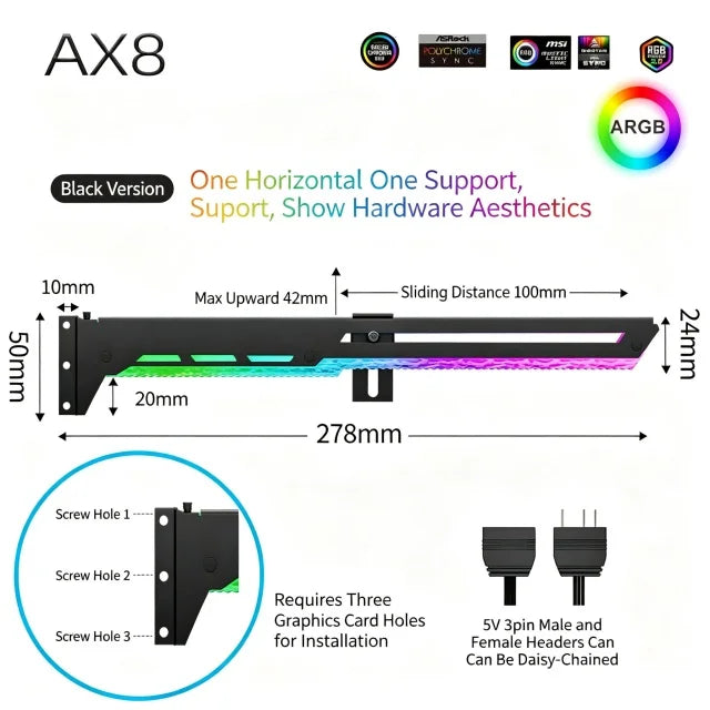 Suporte GPU ICE Whale AX8 – ARGB 5V 3PIN com sincronização de iluminação à placa-mãe. Suporte VGA estiloso para o seu setup.