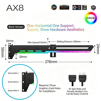 Suporte GPU ICE Whale AX8 – ARGB 5V 3PIN com sincronização de iluminação à placa-mãe. Suporte VGA estiloso para o seu setup.