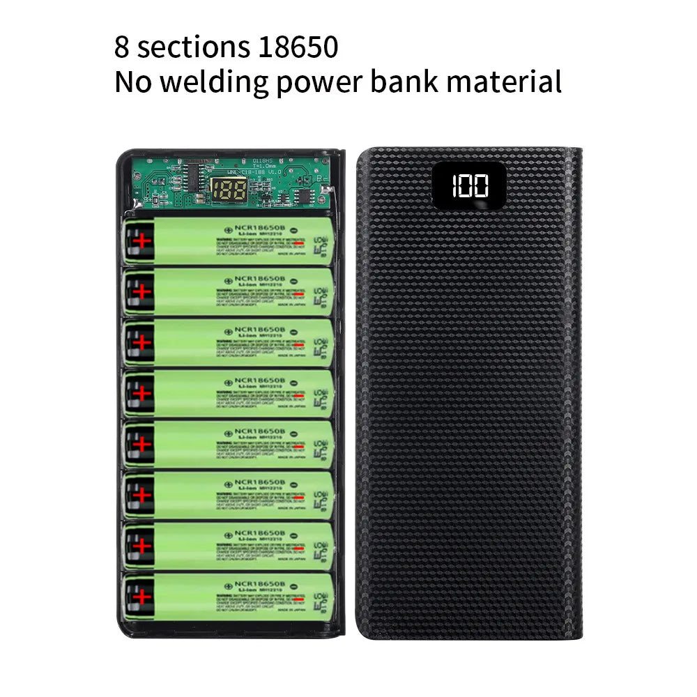 Case DIY Power Bank 8x18650 – Dual USB e Type-C, suporte para baterias 18650. Compatível com iPhone, Xiaomi e Huawei.