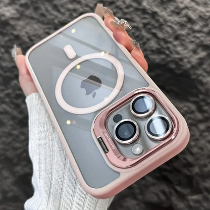 Capa Magnética Luxo – MagSafe, suporte integrado e proteção de lente. Compatível com iPhone 11 ao 17 Pro Max.