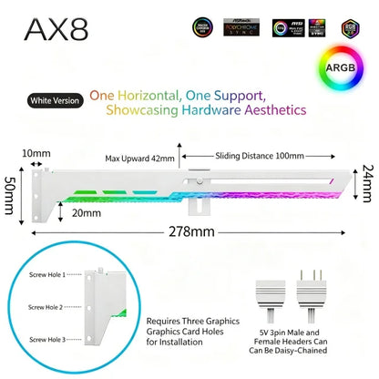Suporte GPU ICE Whale AX8 – ARGB 5V 3PIN com sincronização de iluminação à placa-mãe. Suporte VGA estiloso para o seu setup.