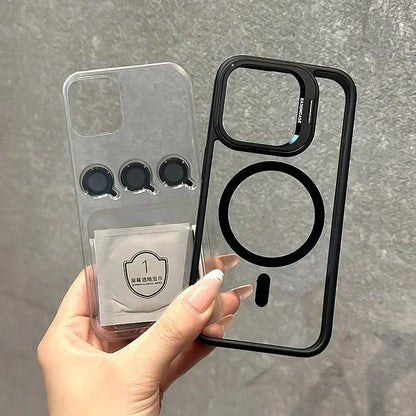 Capa Magnética Luxo – MagSafe, suporte integrado e proteção de lente. Compatível com iPhone 11 ao 17 Pro Max.
