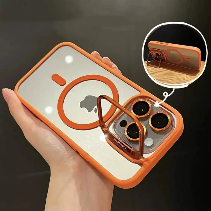 Capa Magnética Luxo – MagSafe, suporte integrado e proteção de lente. Compatível com iPhone 11 ao 17 Pro Max.