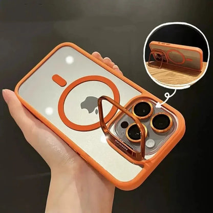 Capa Magnética Luxo – MagSafe, suporte integrado e proteção de lente. Compatível com iPhone 11 ao 17 Pro Max.