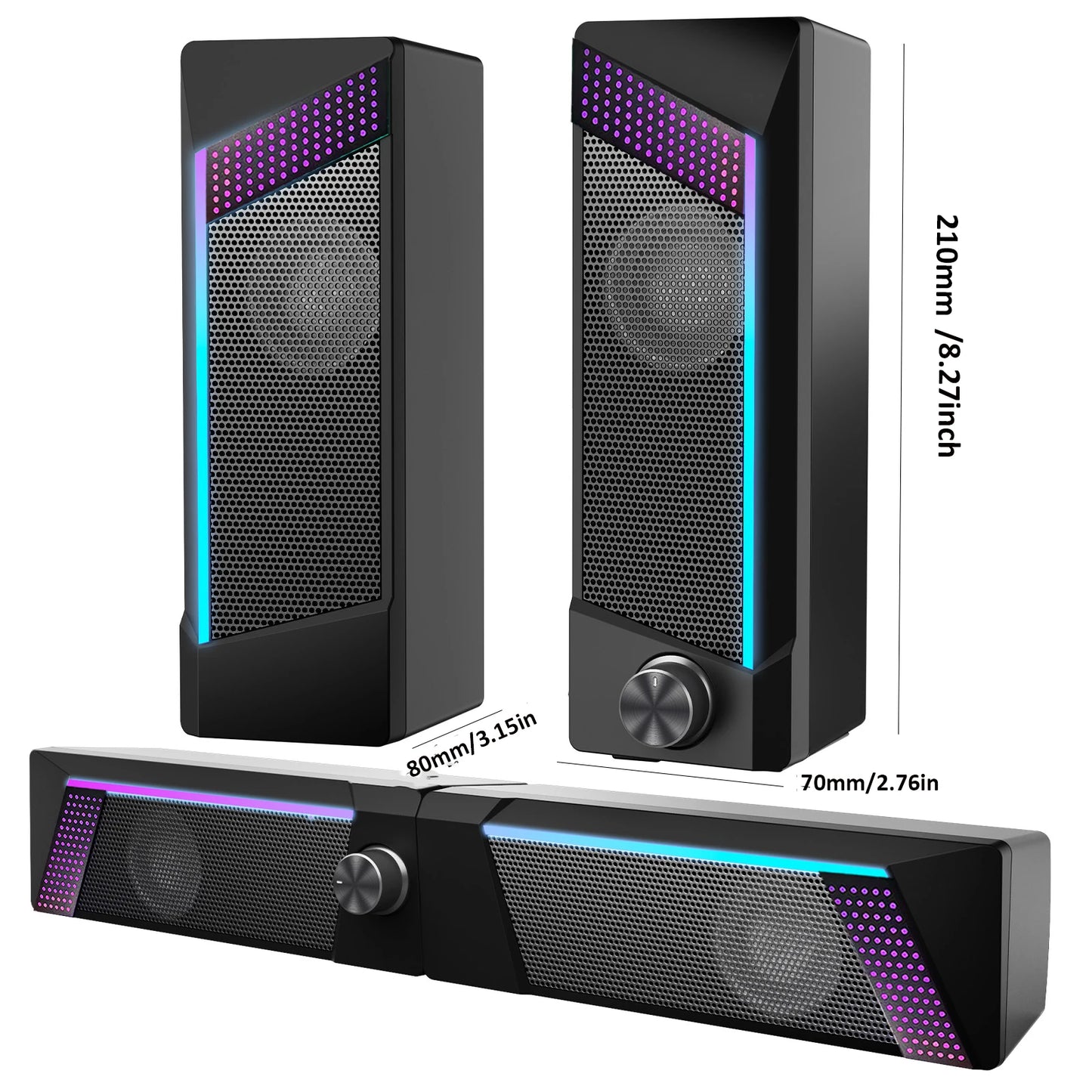 Caixa de Som USB 2 em 1 – Estéreo, subwoofer, RGB e portátil. Plug & play para PC e notebook.