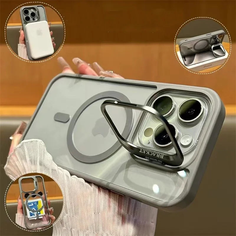 Capa Magnética Luxo – MagSafe, suporte integrado e proteção de lente. Compatível com iPhone 11 ao 17 Pro Max.