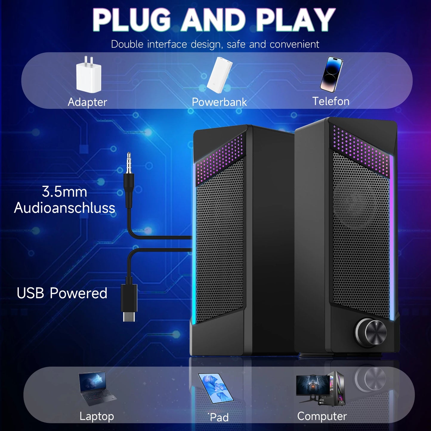 Caixa de Som USB 2 em 1 – Estéreo, subwoofer, RGB e portátil. Plug & play para PC e notebook.