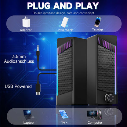 Caixa de Som USB 2 em 1 – Estéreo, subwoofer, RGB e portátil. Plug & play para PC e notebook.