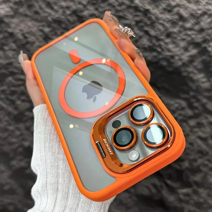 Capa Magnética Luxo – MagSafe, suporte integrado e proteção de lente. Compatível com iPhone 11 ao 17 Pro Max.