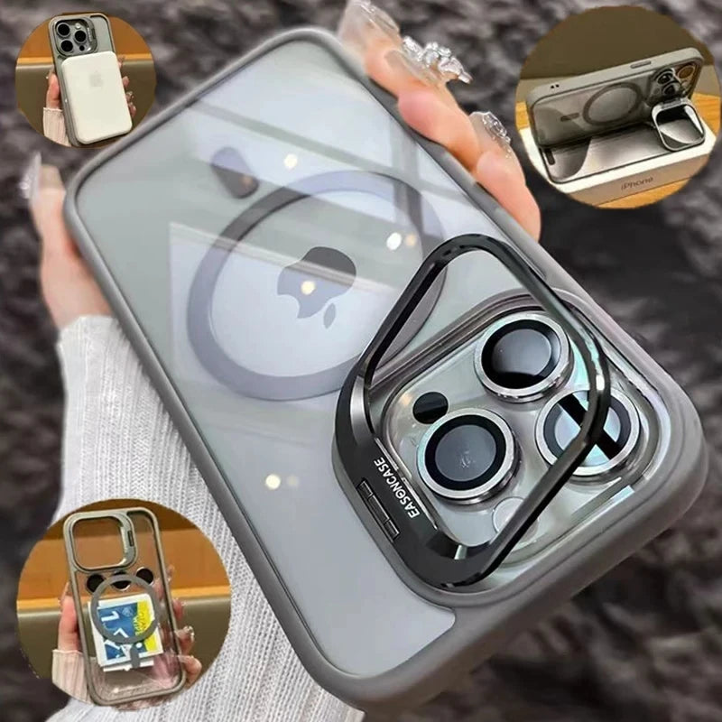 Capa Magnética Luxo – MagSafe, suporte integrado e proteção de lente. Compatível com iPhone 11 ao 17 Pro Max.