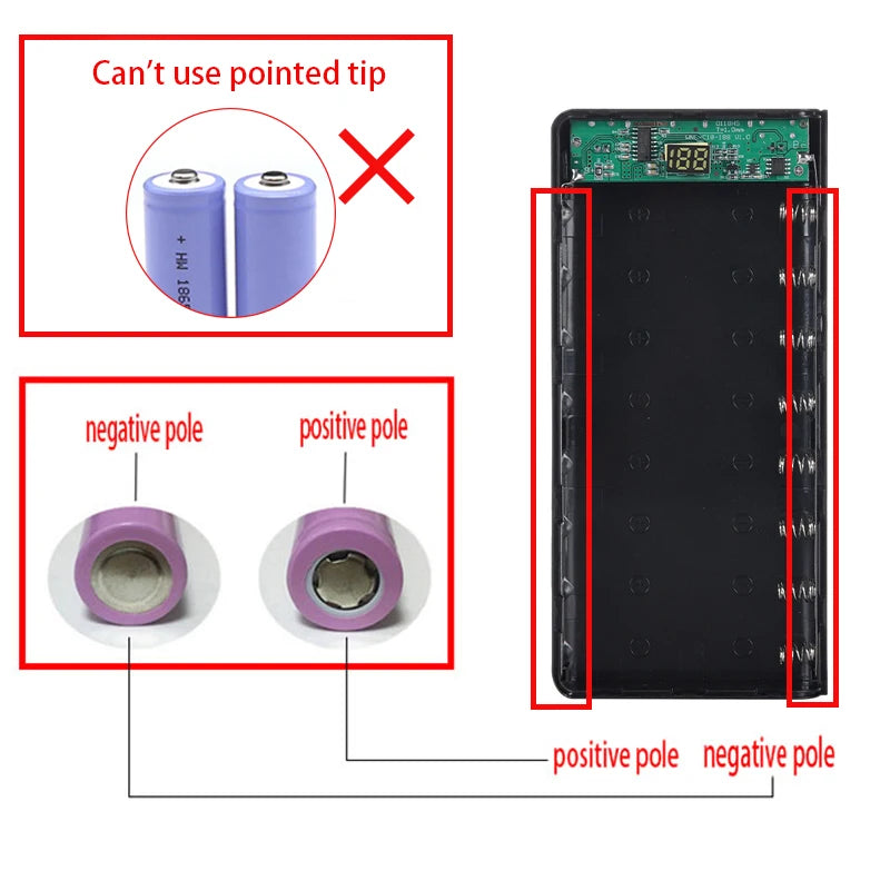 Case DIY Power Bank 8x18650 – Dual USB e Type-C, suporte para baterias 18650. Compatível com iPhone, Xiaomi e Huawei.