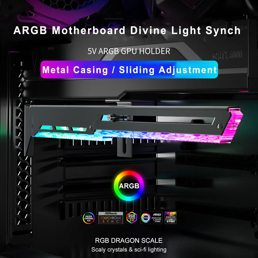 Suporte GPU ICE Whale AX8 – ARGB 5V 3PIN com sincronização de iluminação à placa-mãe. Suporte VGA estiloso para o seu setup.