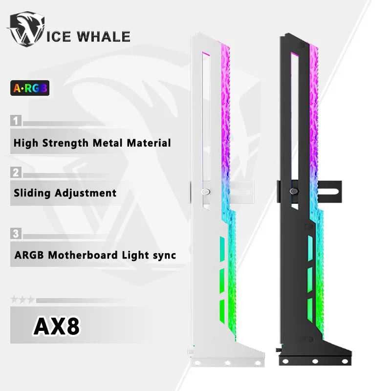 Suporte GPU ICE Whale AX8 – ARGB 5V 3PIN com sincronização de iluminação à placa-mãe. Suporte VGA estiloso para o seu setup.