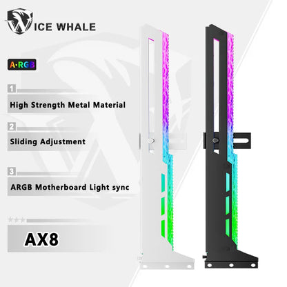Suporte GPU ICE Whale AX8 – ARGB 5V 3PIN com sincronização de iluminação à placa-mãe. Suporte VGA estiloso para o seu setup.