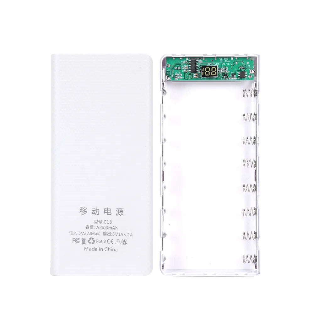 Case DIY Power Bank 8x18650 – Dual USB e Type-C, suporte para baterias 18650. Compatível com iPhone, Xiaomi e Huawei.
