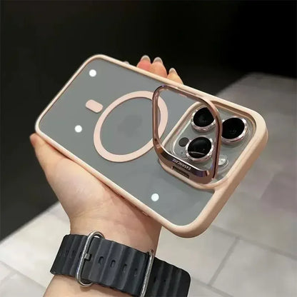 Capa Magnética Luxo – MagSafe, suporte integrado e proteção de lente. Compatível com iPhone 11 ao 17 Pro Max.