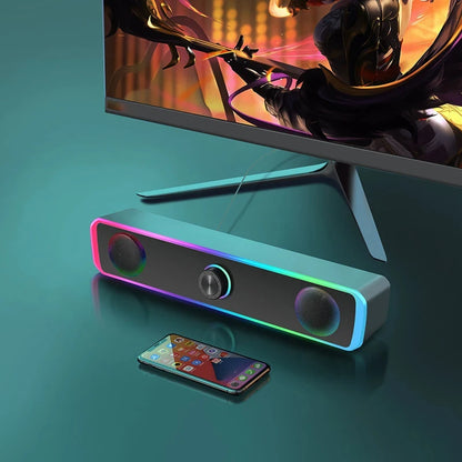 Soundbar 4D Bluetooth – Surround estéreo, subwoofer e entrada AUX 3.5mm. Para PC, laptop e TV.